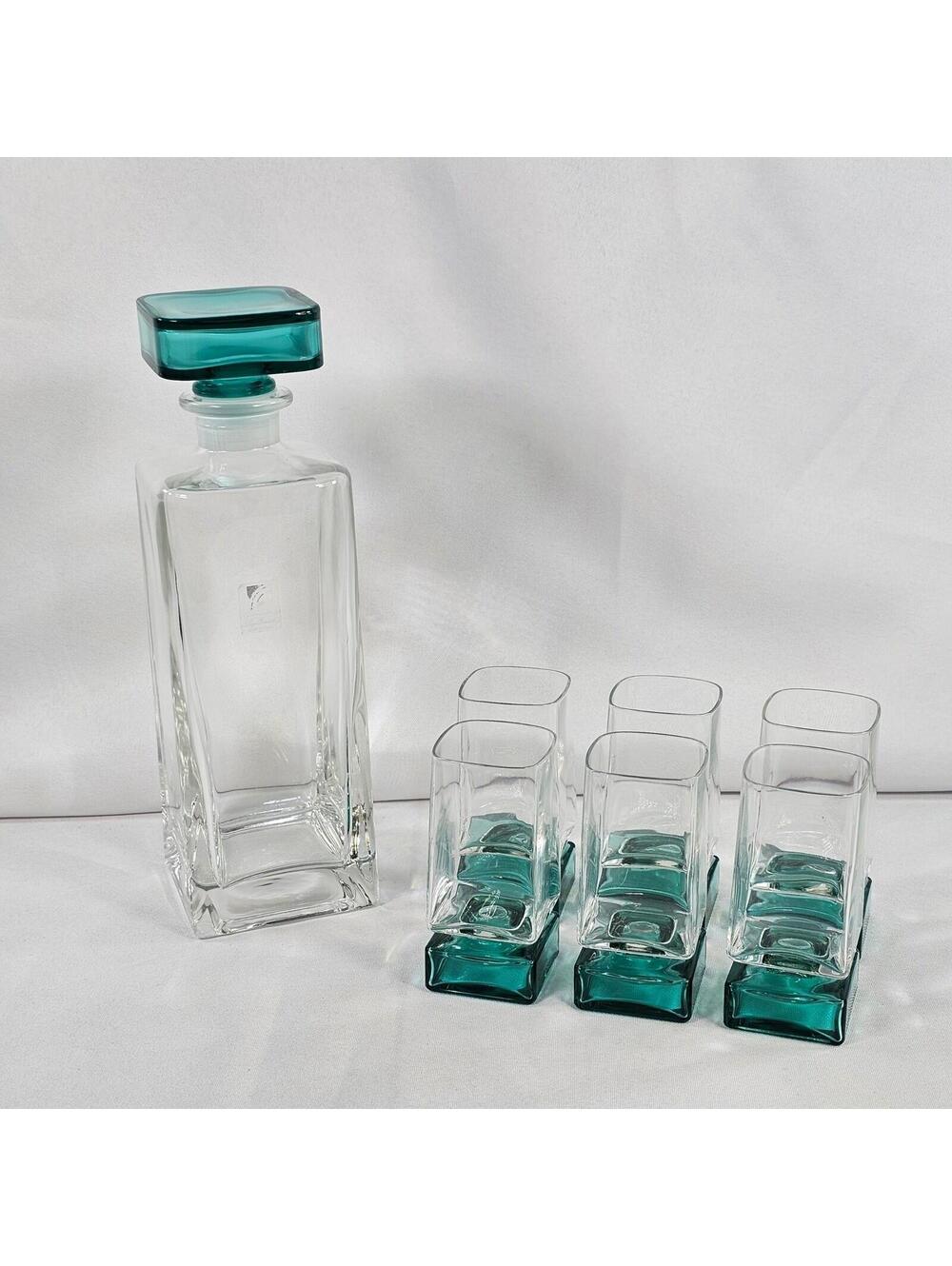 Bormioli Rocco Selecta Whiskey Decanter and 6 Shot Glasses Set Teal Blue Base